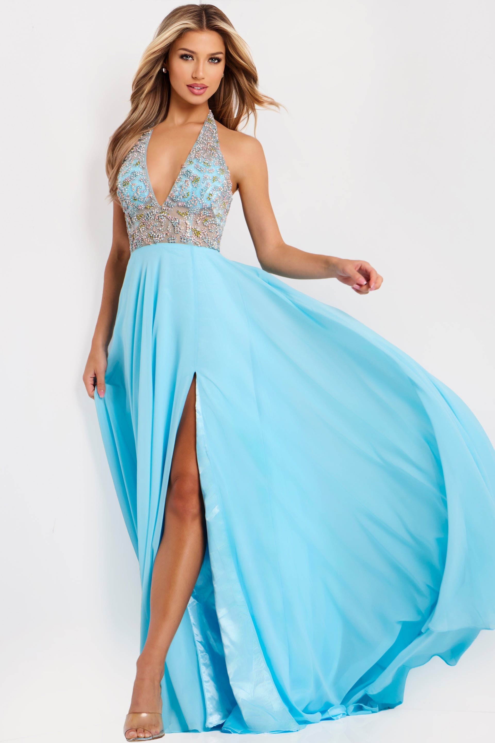 Jovani -48300 Halter Beaded A Line Chiffon Gown