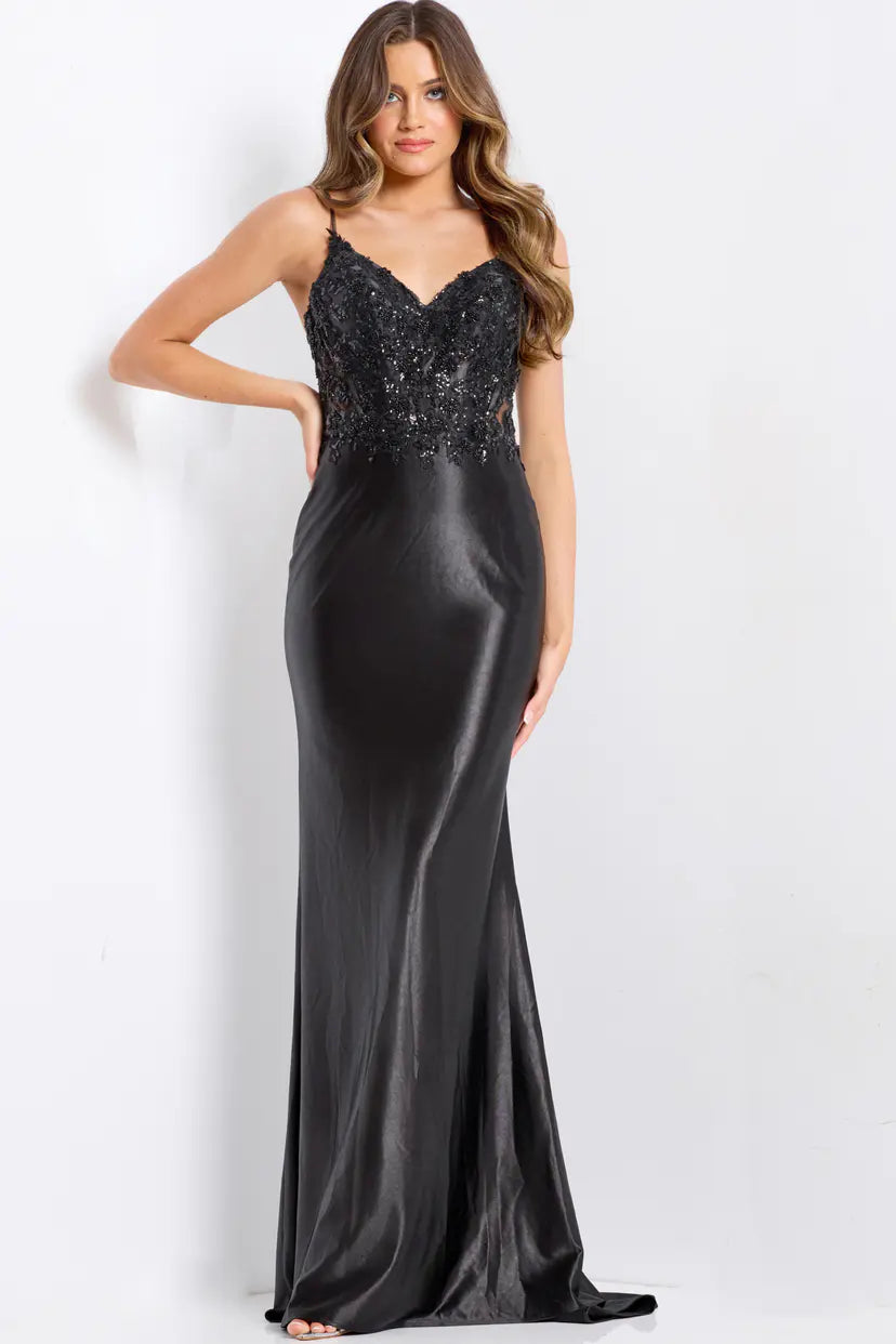 Jovani -48312B Beaded Applique V-Neck Mermaid Dress