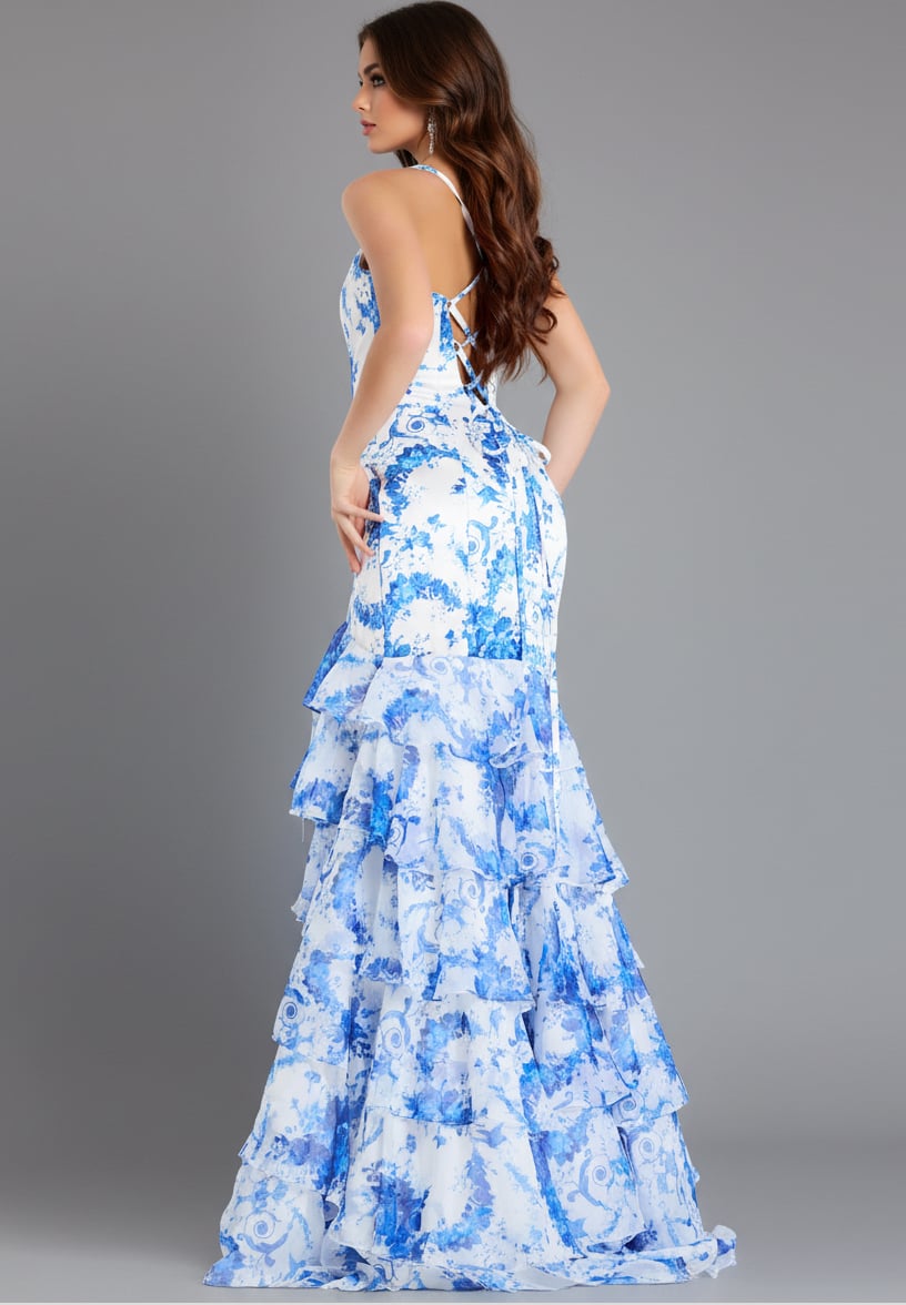 Jovani -48331B Plunging V-Neck Trumpet Ruffle Gown