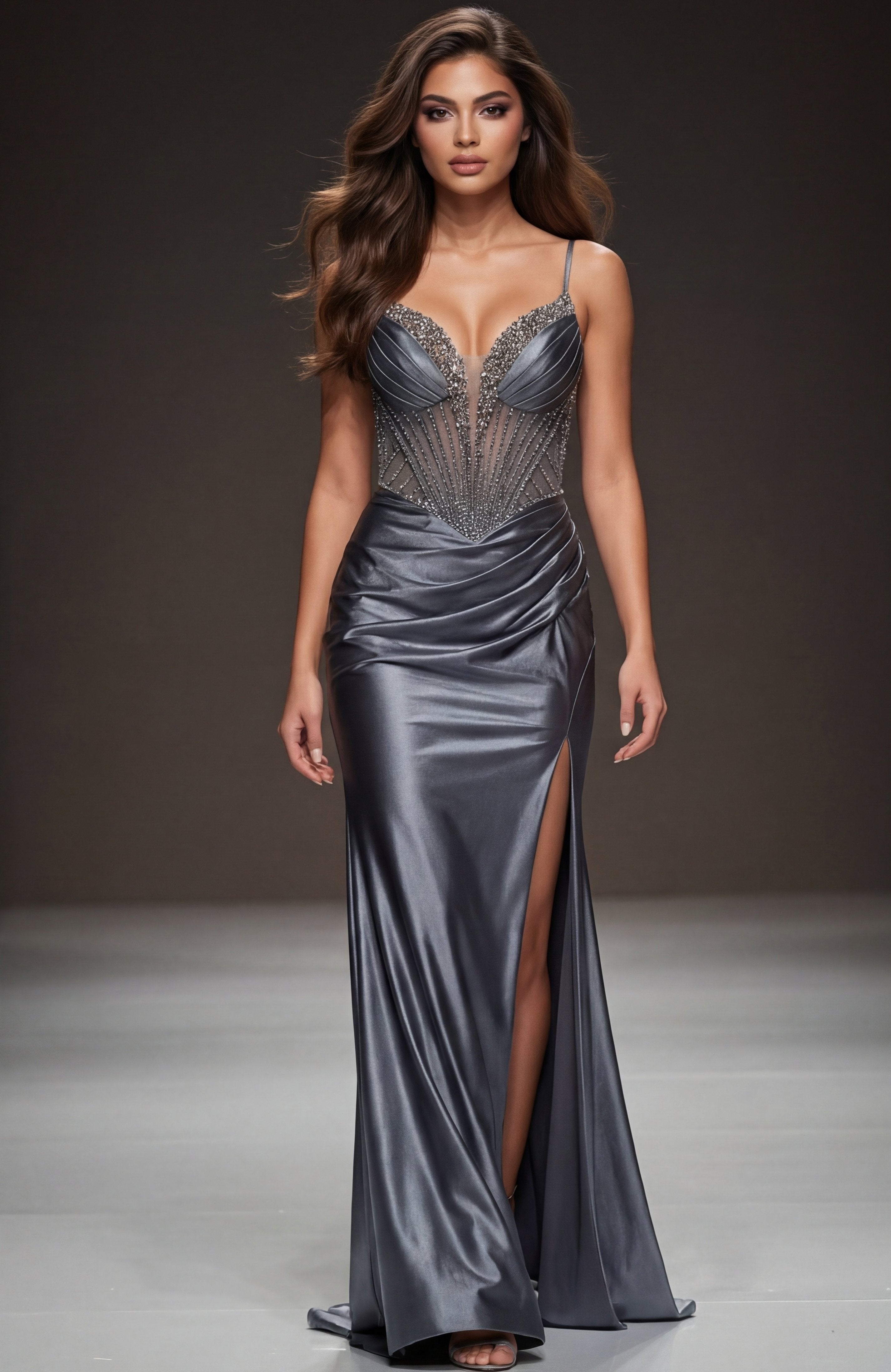 Jovani -48368 Beaded Plunging Satin Sheath Gown