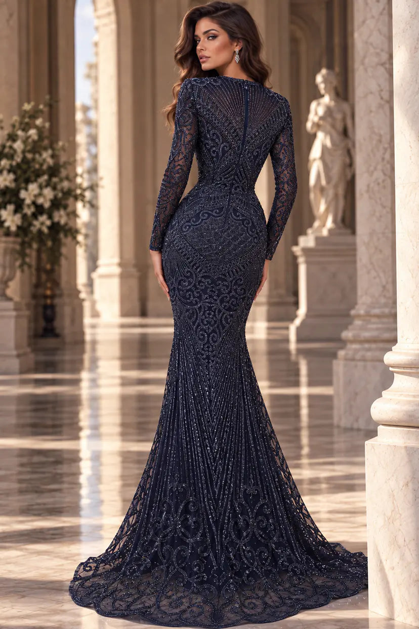 Jovani -48415 Long Sleeve High Neck Sequin Beaded Evening Gown