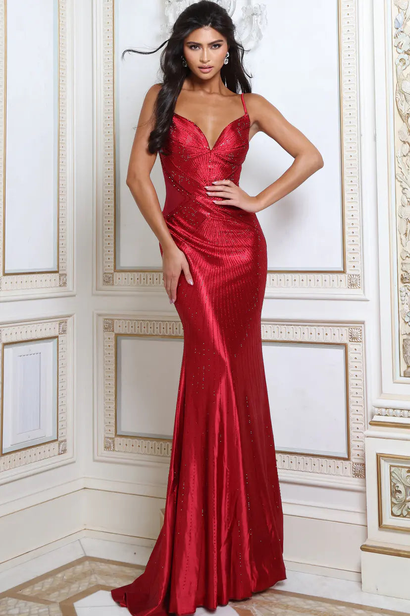 Jovani -48430 Deep V Neck Shimmer Mermaid Gown