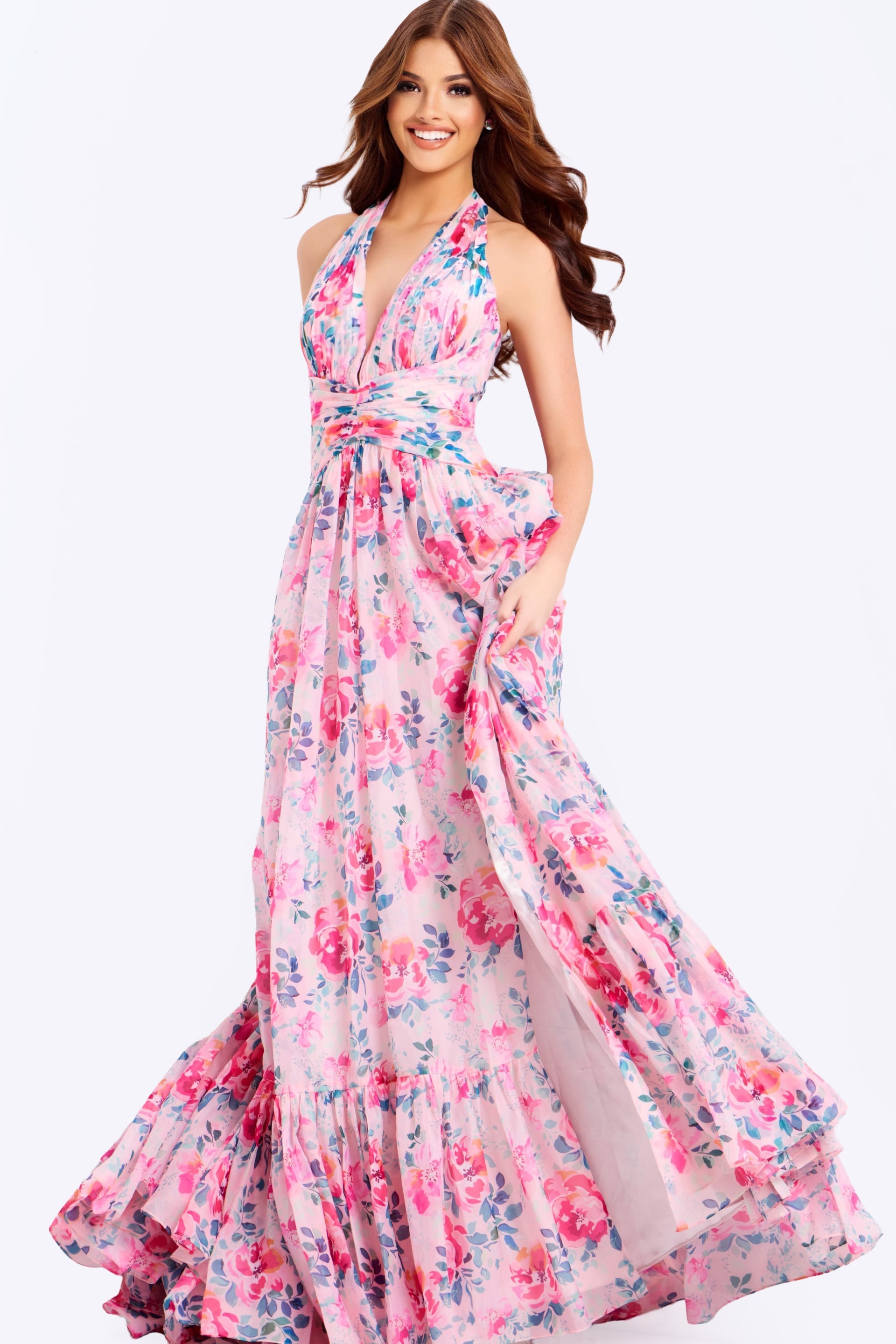 Jovani -48469 Ruffled Hem Floral Halter Long Dress
