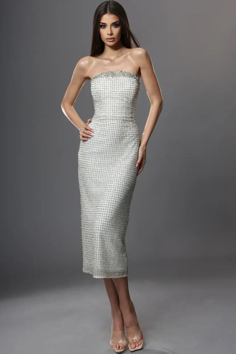 Jovani -48559 Beaded Strapless Column Tea-Length Gown