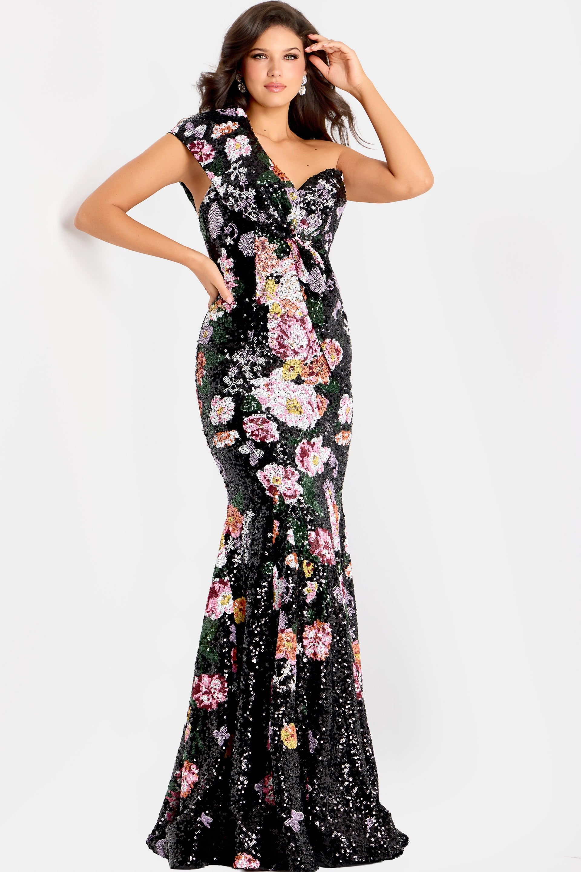 Jovani -48638 One Shoulder Floral Sequin Evening Gown