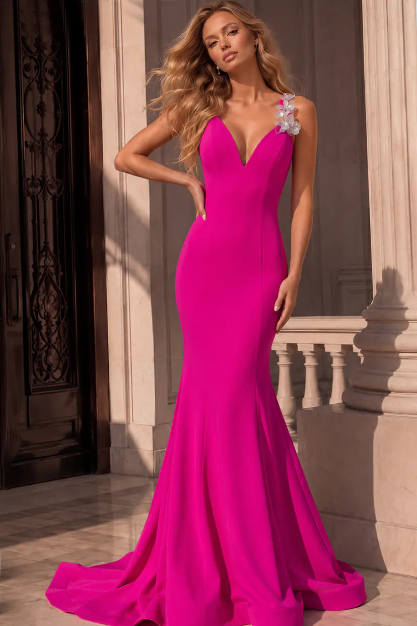 Jovani -48663B Floral Plunging V-Neck Mermaid Long Gown