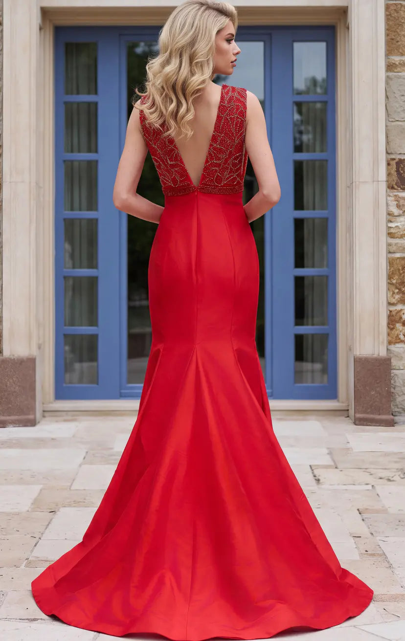 Jovani -48728 Beaded V Neck Taffeta Mermaid Gown