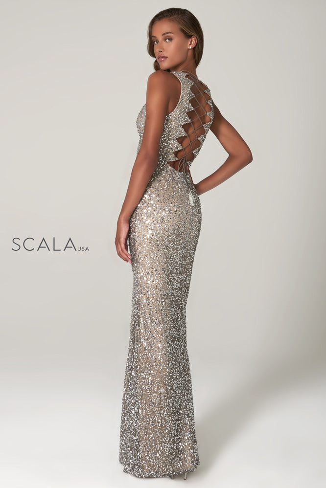 SCALA -48933 Designed V-Neck Sequined Dress