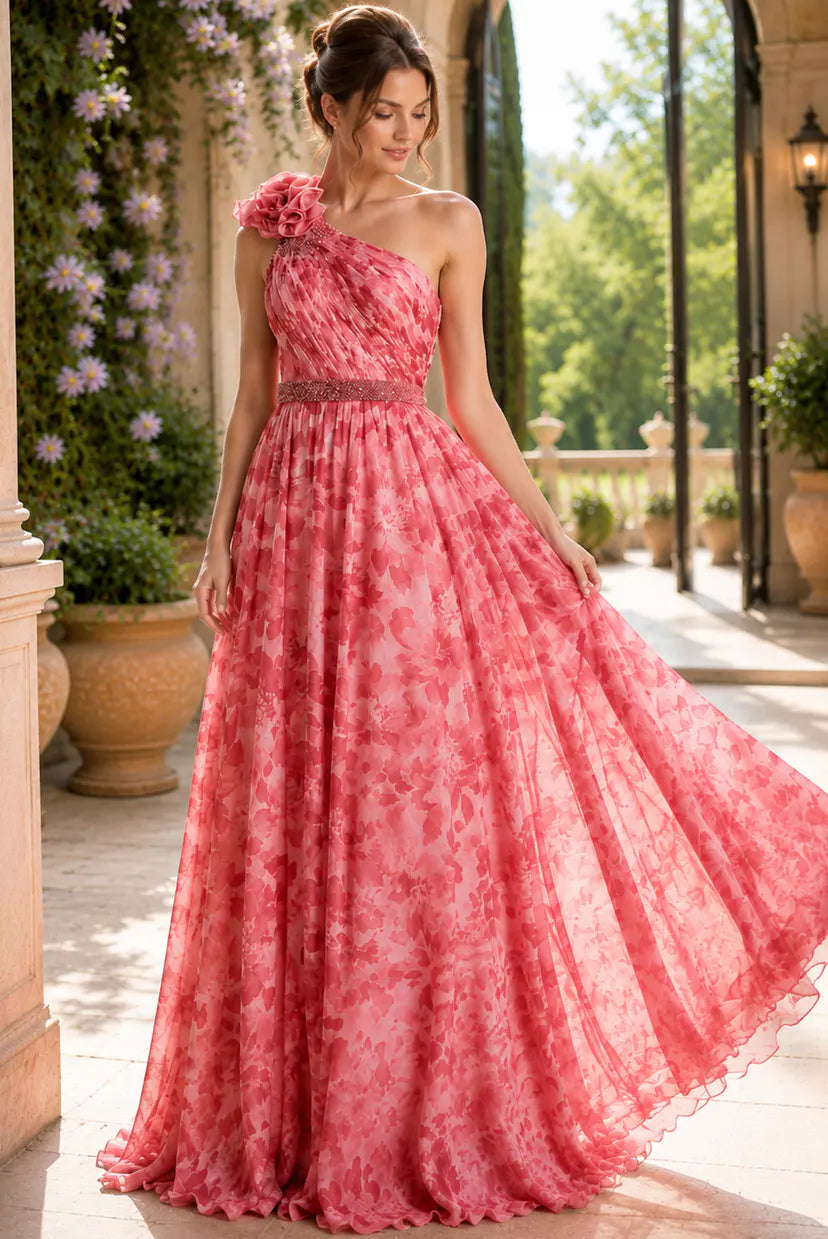 Jovani -49018B One Shoulder Floral Chiffon Dress