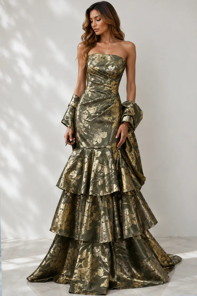 Jovani -49031B Floral Brocade Tiered Mermaid Gown