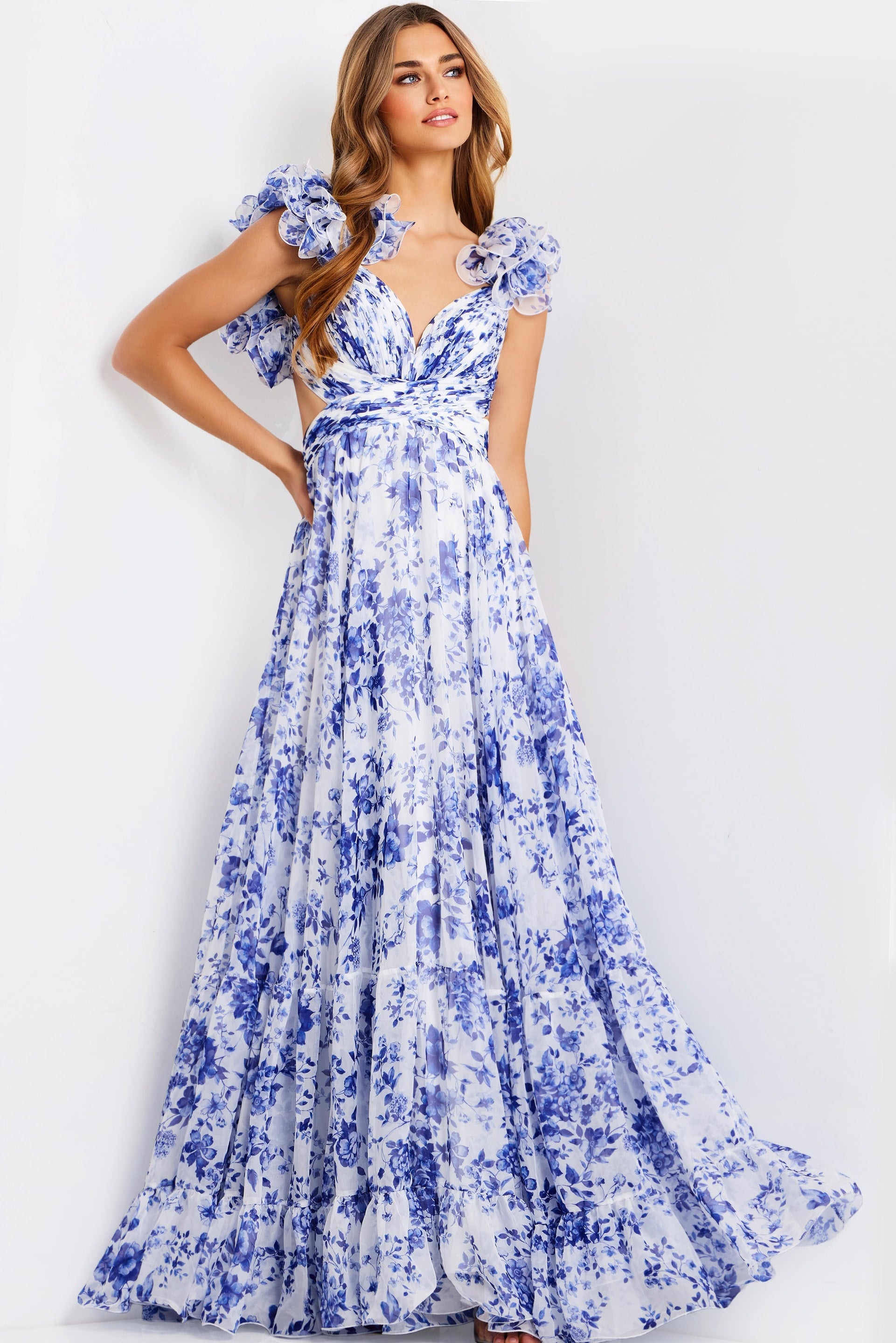 Jovani -49143 Ruffle Sleeve Floral A-Line Gown