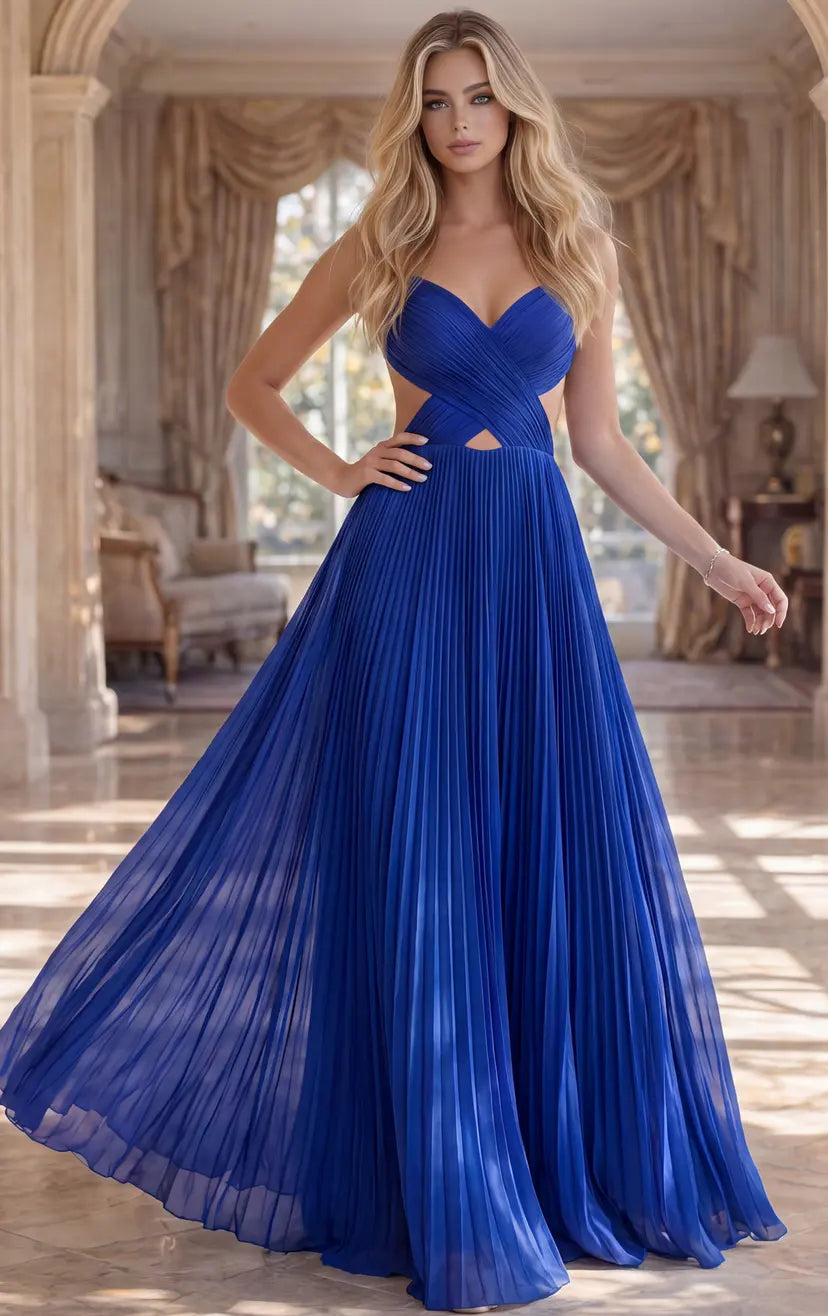Jovani -49160B Pleated V-Neck Chiffon A-Line Dress