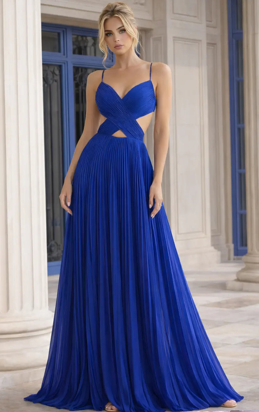 Jovani -49160B Pleated V-Neck Chiffon A-Line Dress