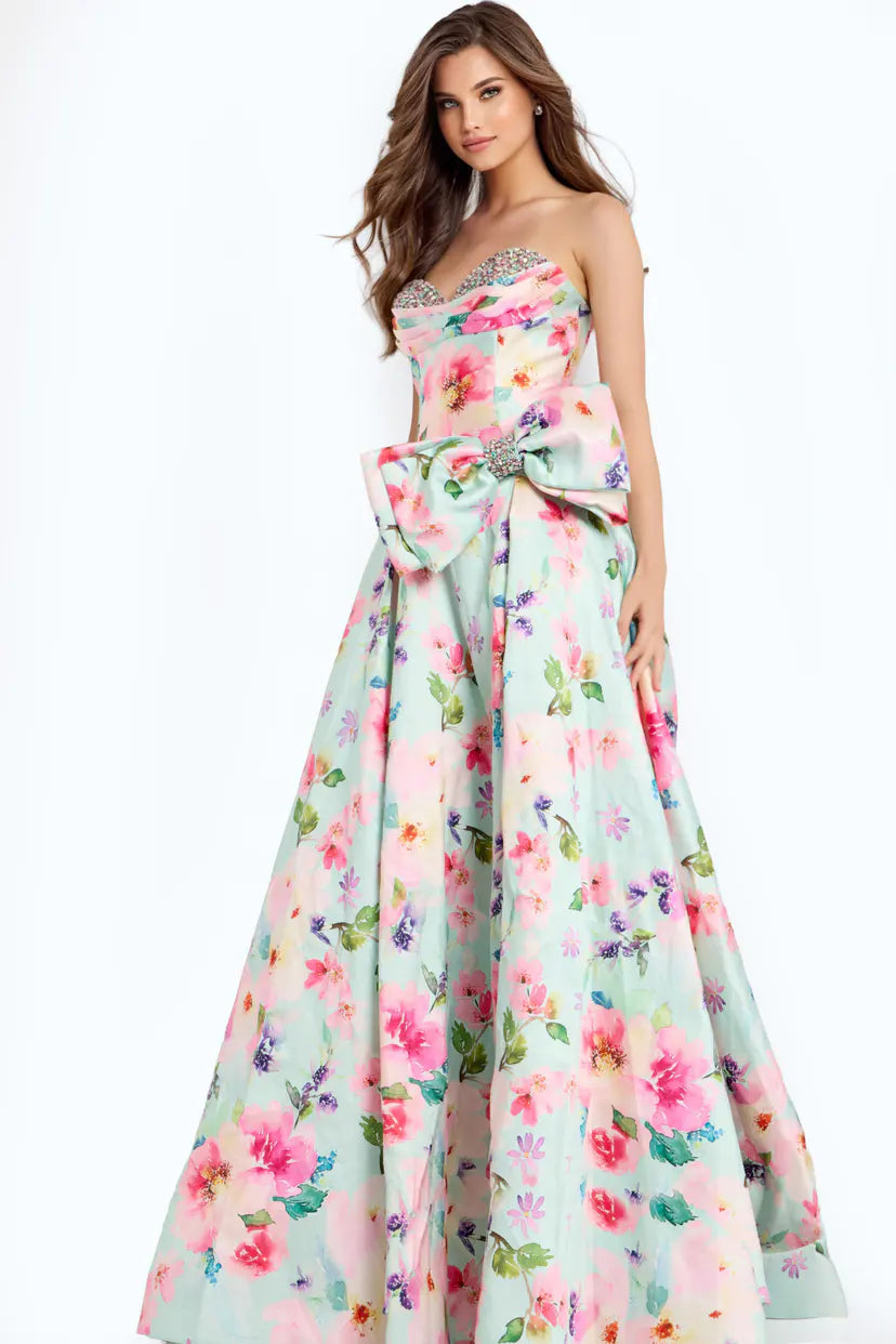 Jovani -49197B Strapless Sweetheart Floral Print A-line Dress