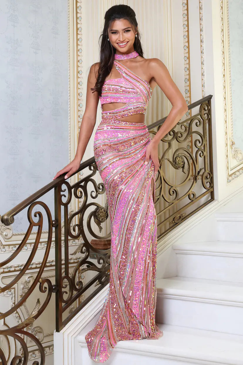 Jovani -49266 Asymmetric Halter Sequin Sheath Dress