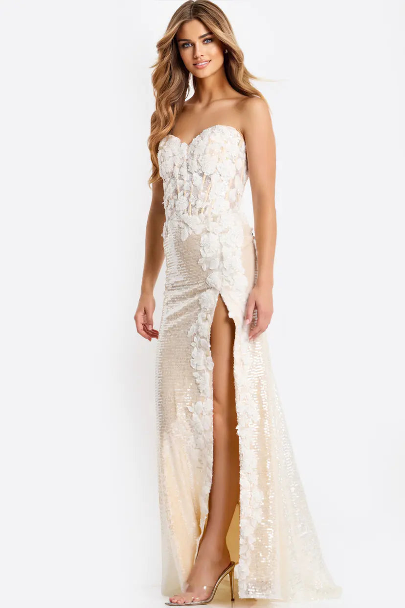 Jovani -49362 Floral Applique Sequin Sweetheart Gown