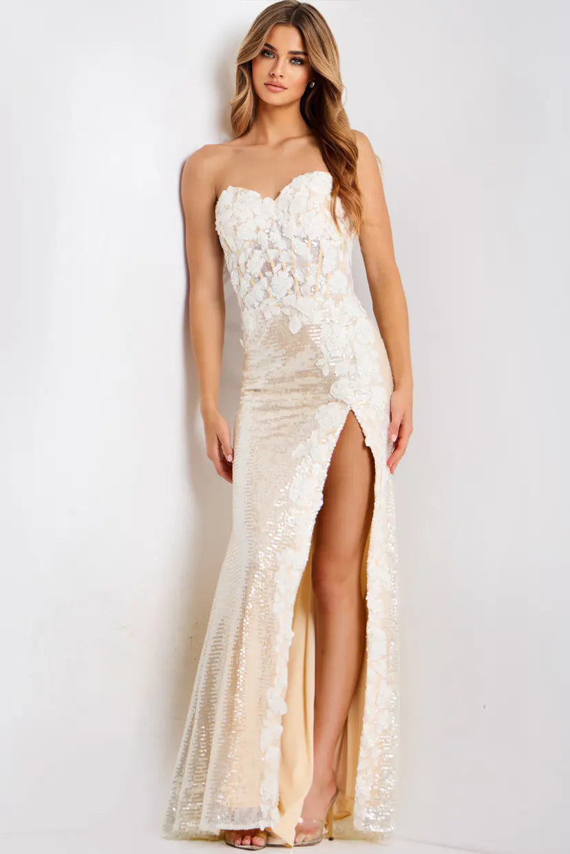 Jovani -49362 Floral Applique Sequin Sweetheart Gown