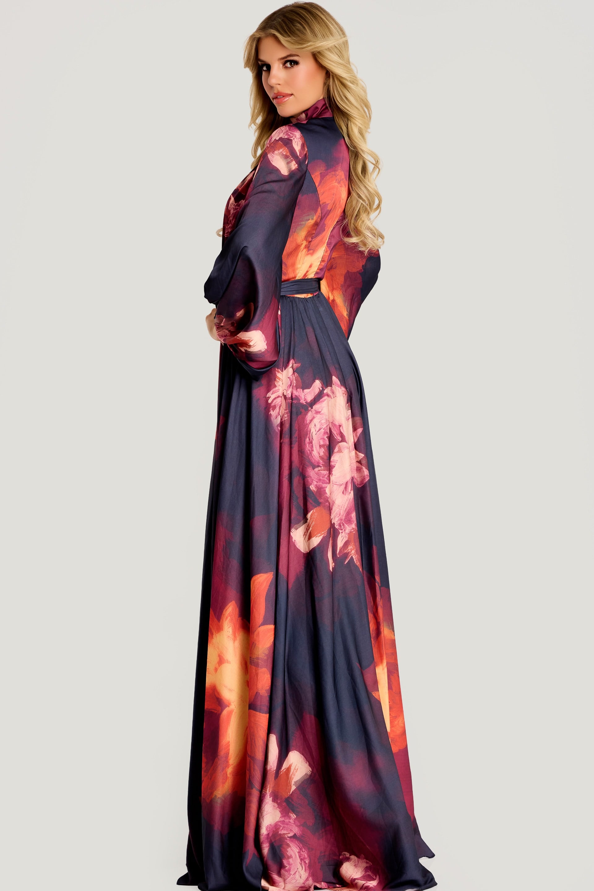 Jovani -49464 Floral Chiffon High Neck Evening Gown