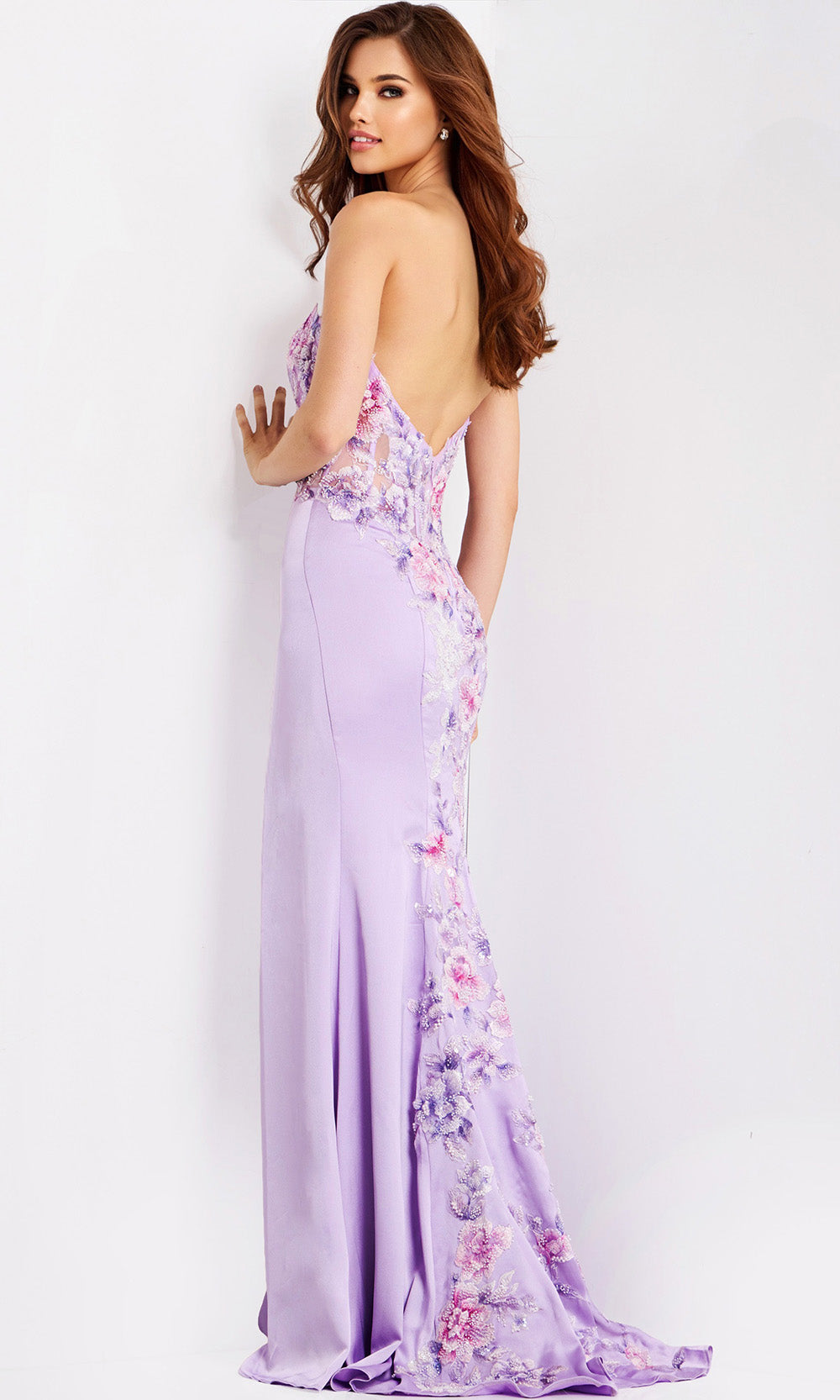 Jovani -49629 Strapless Floral Applique High Slit Gown