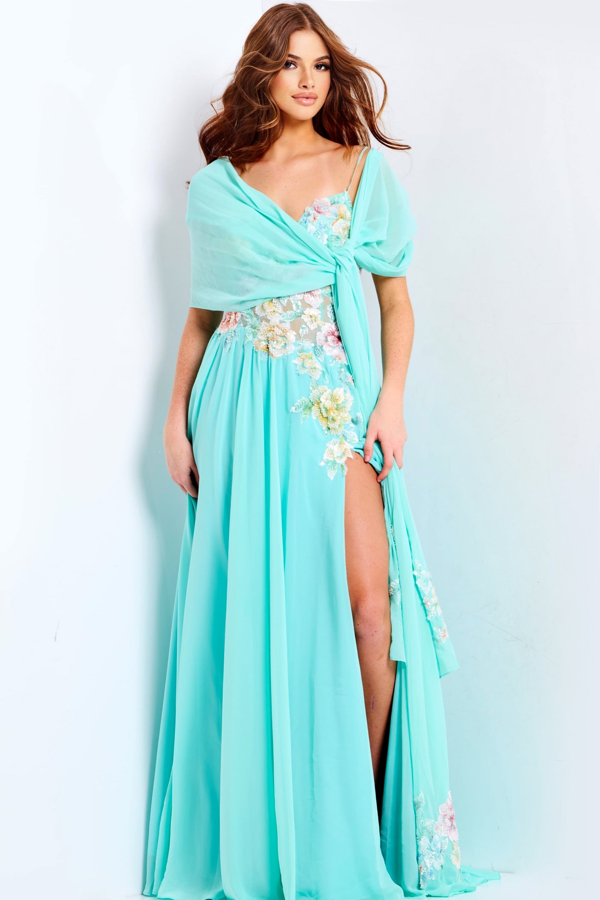 Jovani -49633 Floral Applique Corset Chiffon A-Line Dress