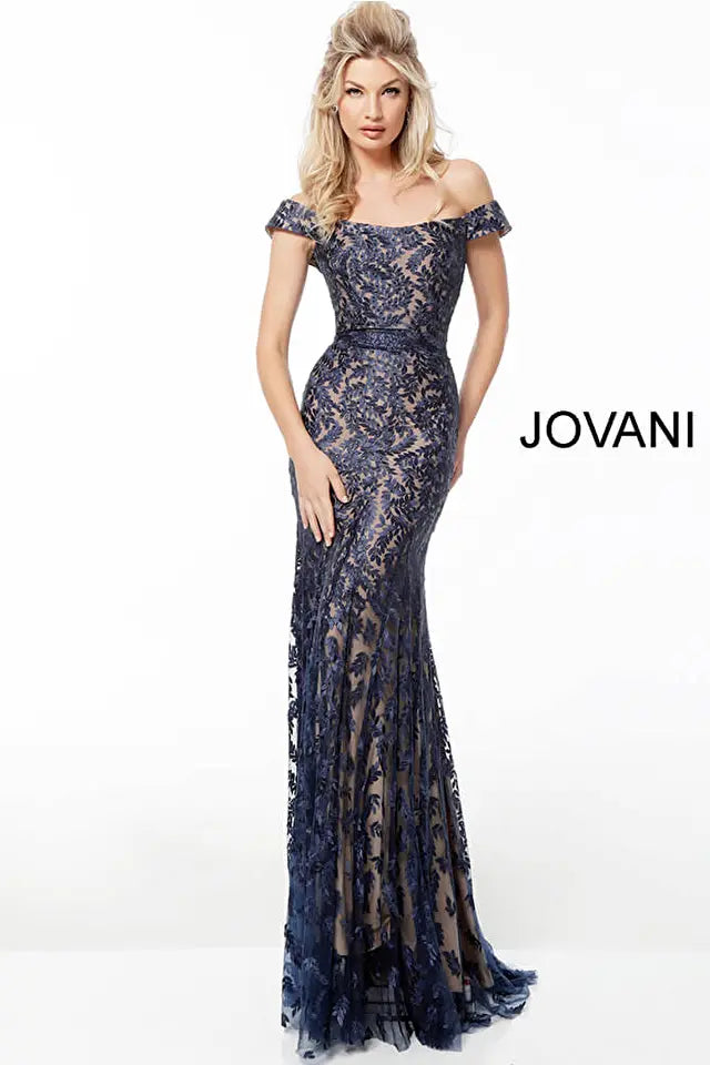 Jovani -49634B Off Shoulder Embroidered Evening Dress
