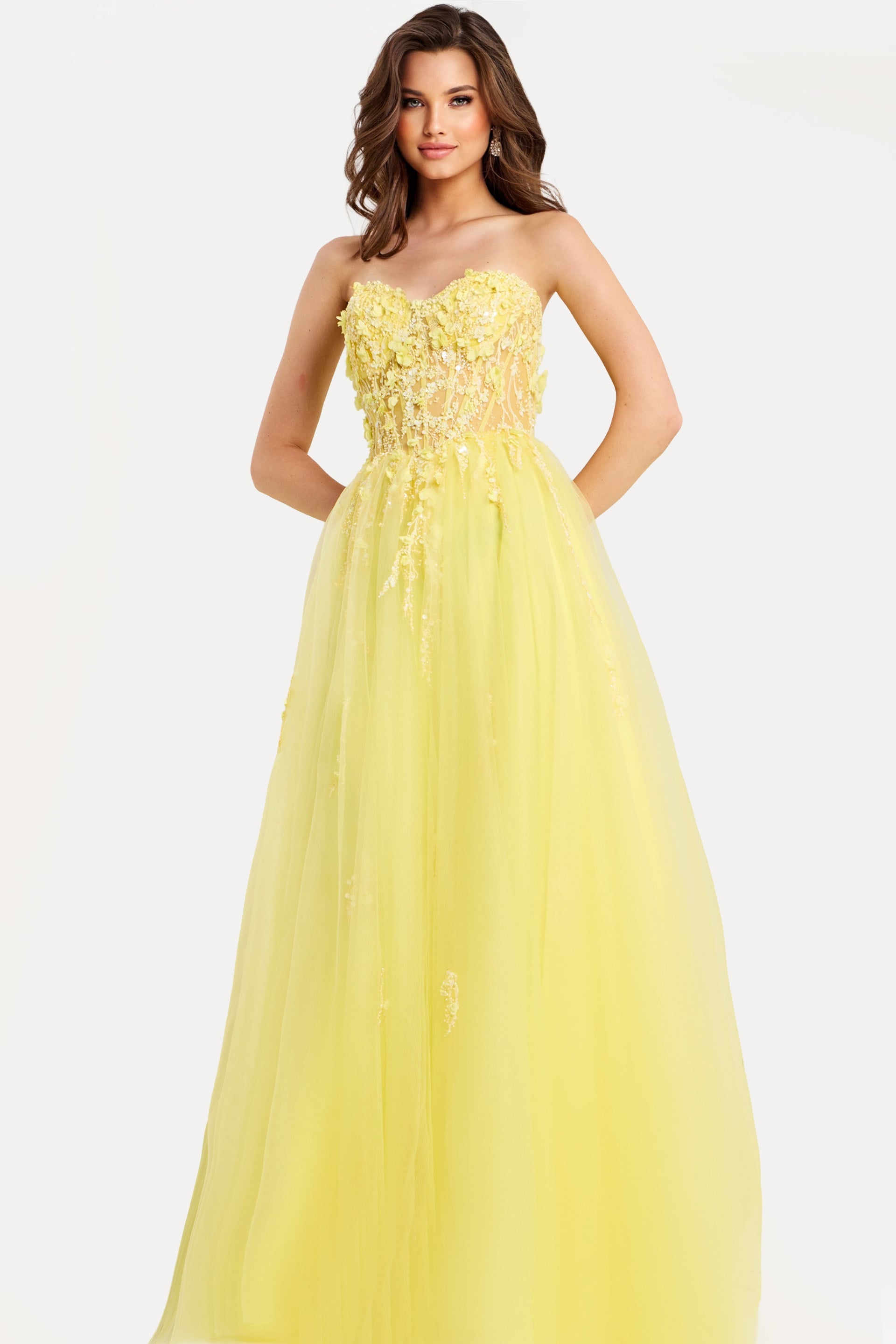 Jovani -49704 Floral Applique Tulle A-Line Prom Gown