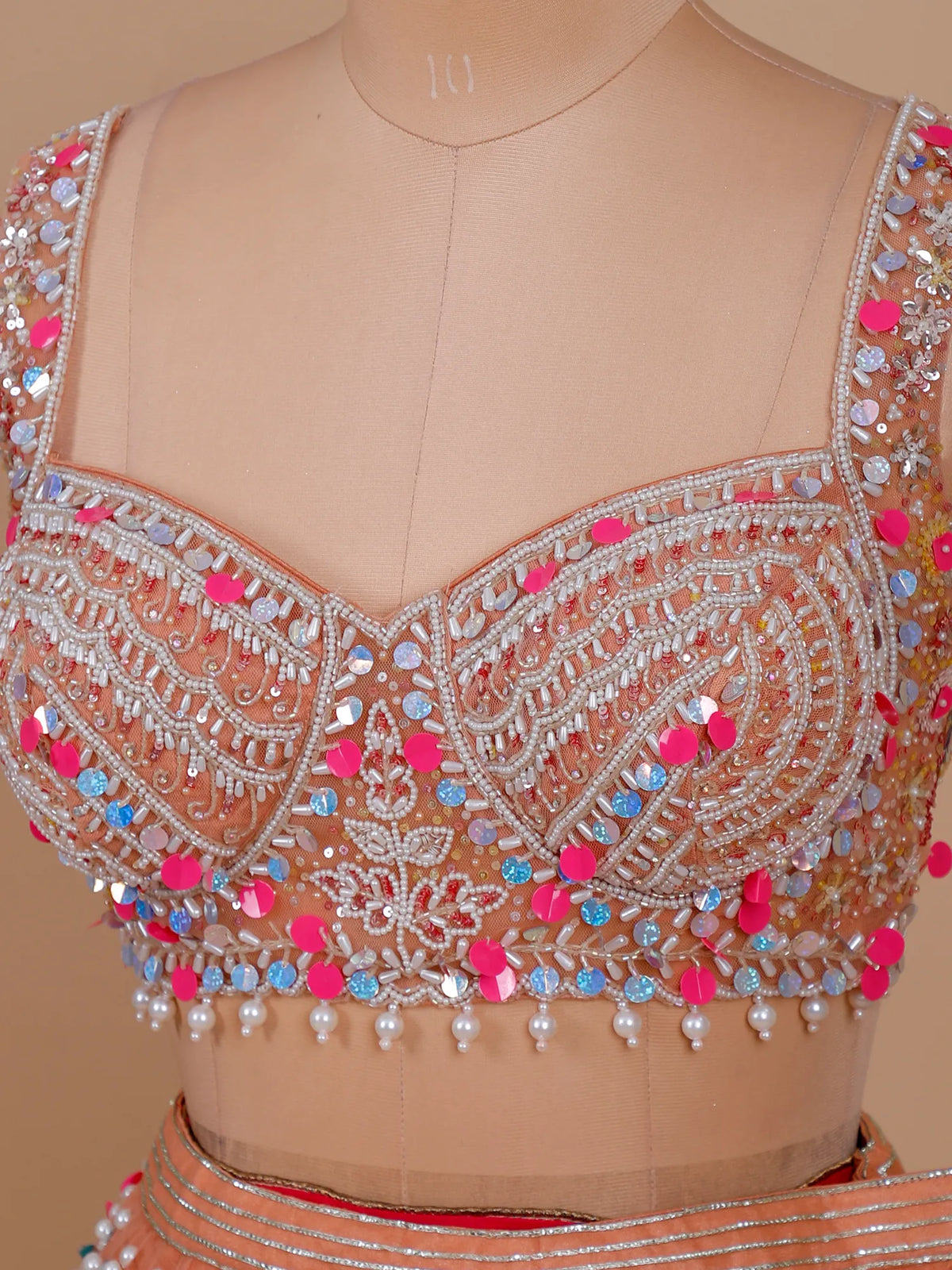 MyFashion KLS-2676 Zehra Peach Veil Thread Sequin Mirror Net Lehenga