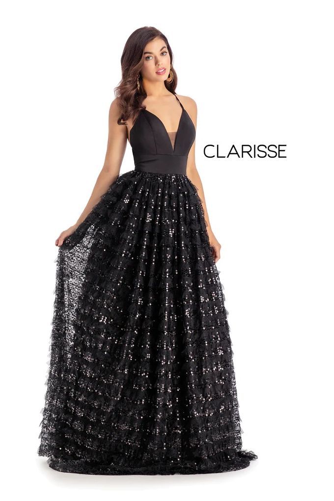 Clarisse -5145 V-Neck Embellished A-Line Dress