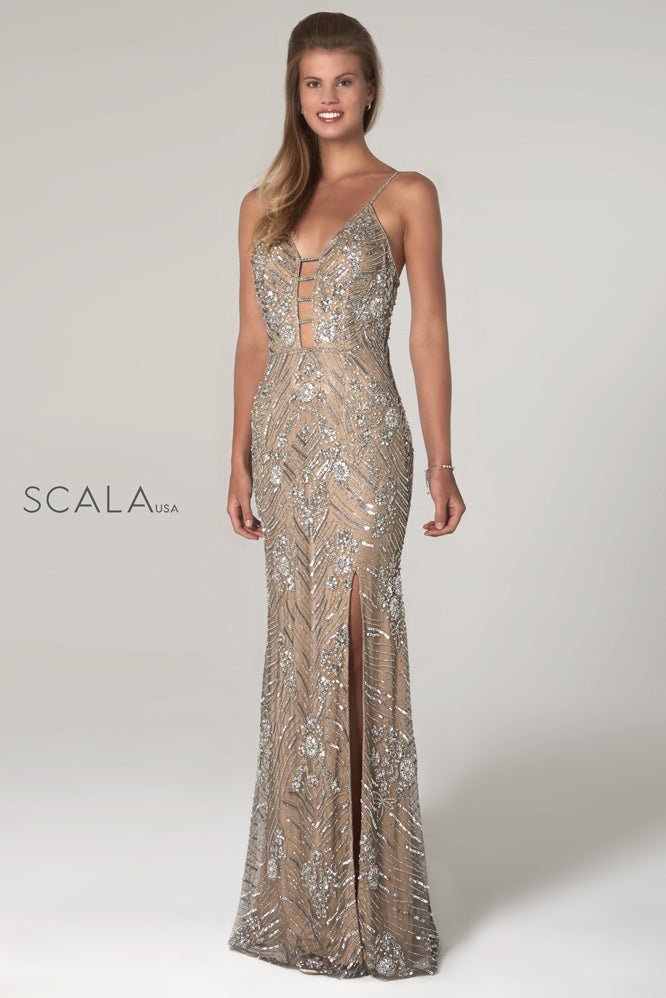 SCALA -60101 Beaded Asymmetric V-Neck Dress