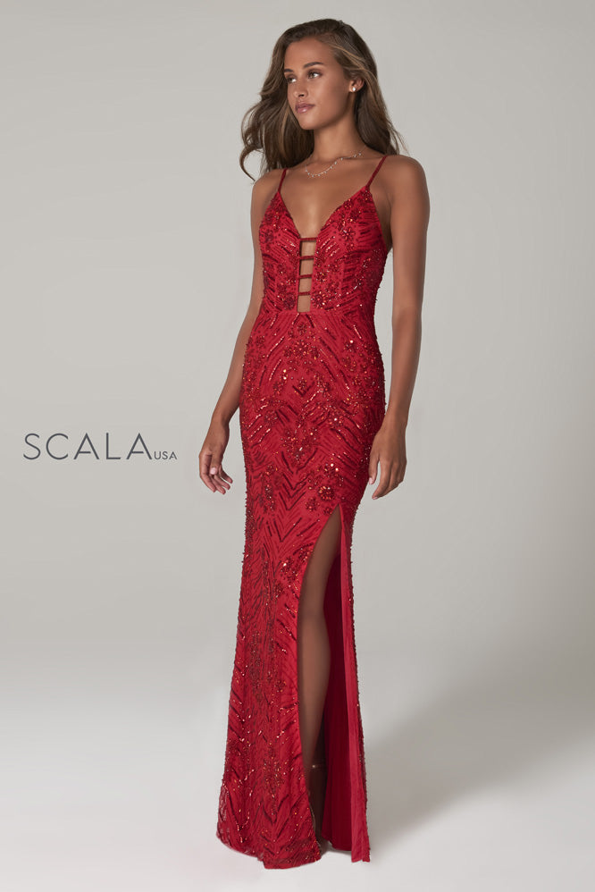 SCALA -60101 Beaded Asymmetric V-Neck Dress SCALA -60101 Beaded Asymmetric V-Neck Dress