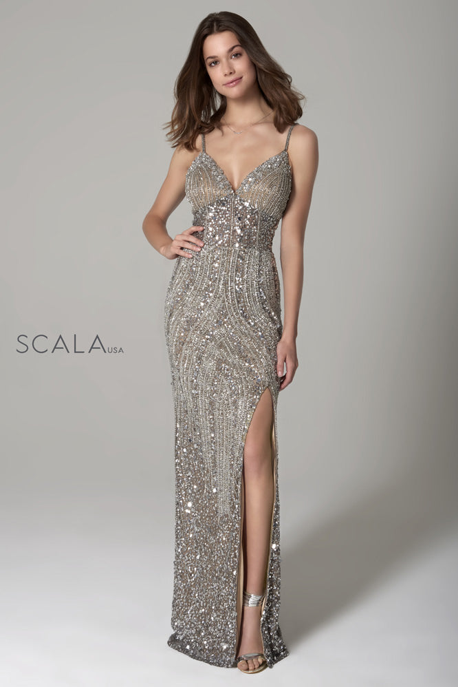 SCALA -60127 Long Shimmering V-Neck Dress