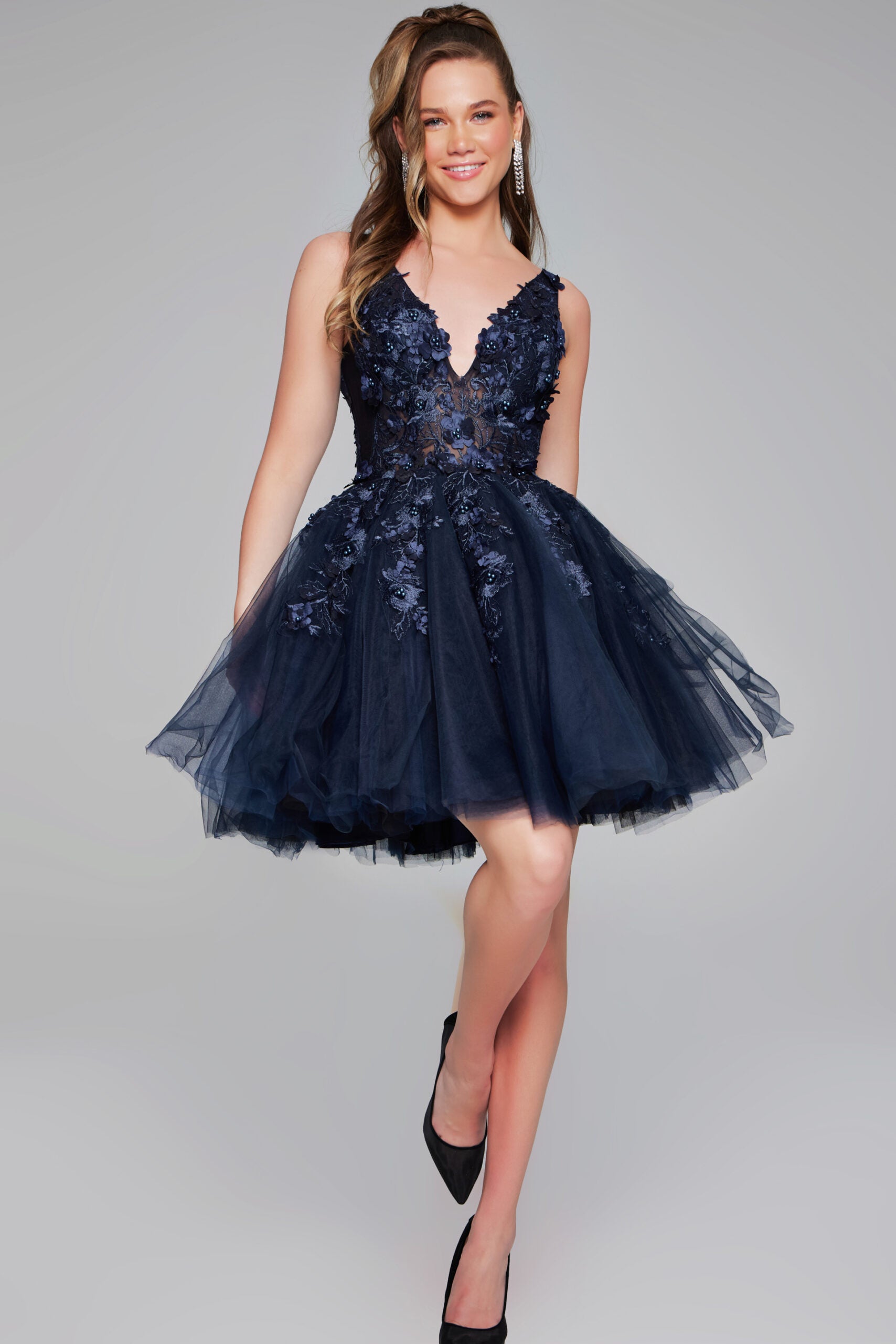 Jovani -63987 Floral Applique V-Neck Short Cocktail Dress
