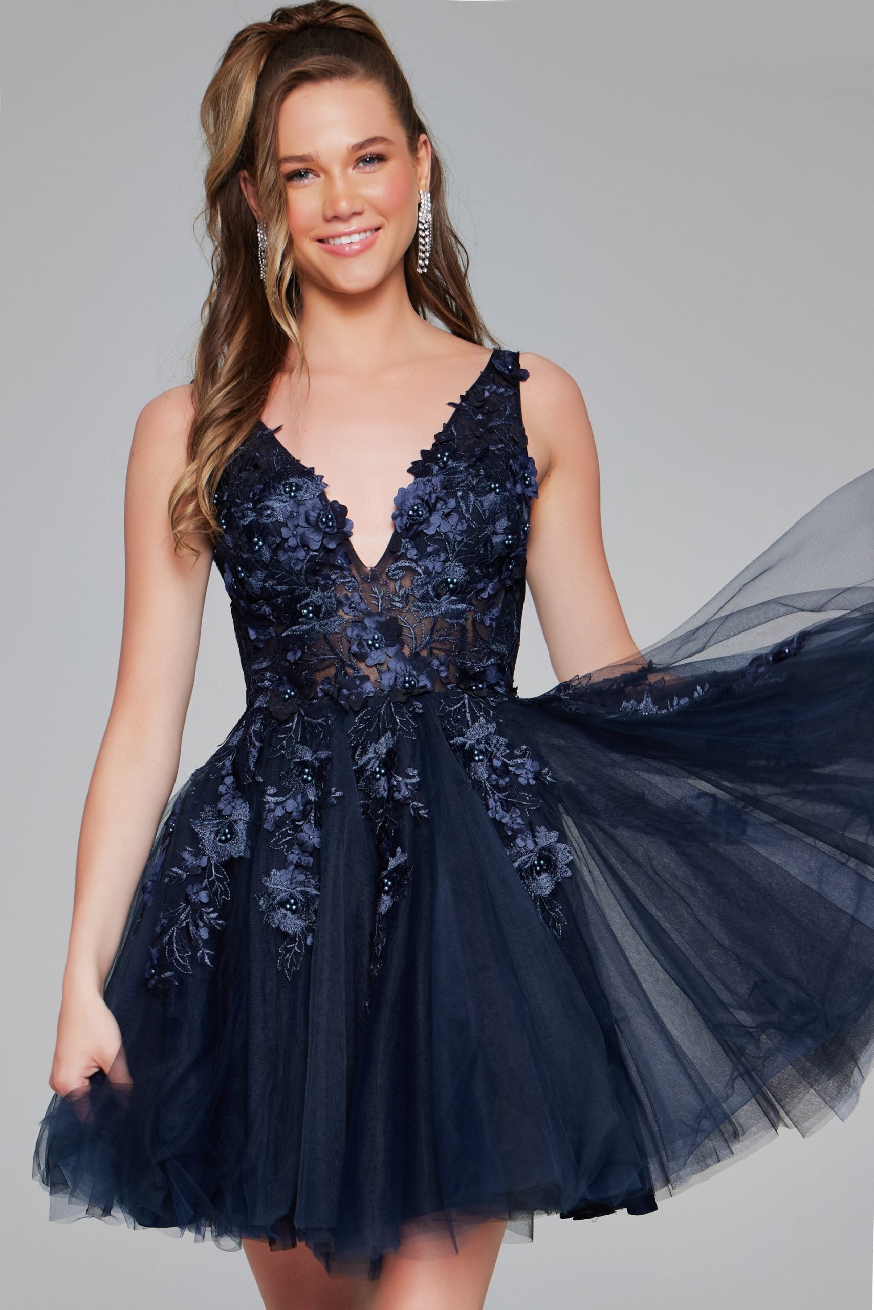 Jovani -63987 Floral Applique V-Neck Short Cocktail Dress