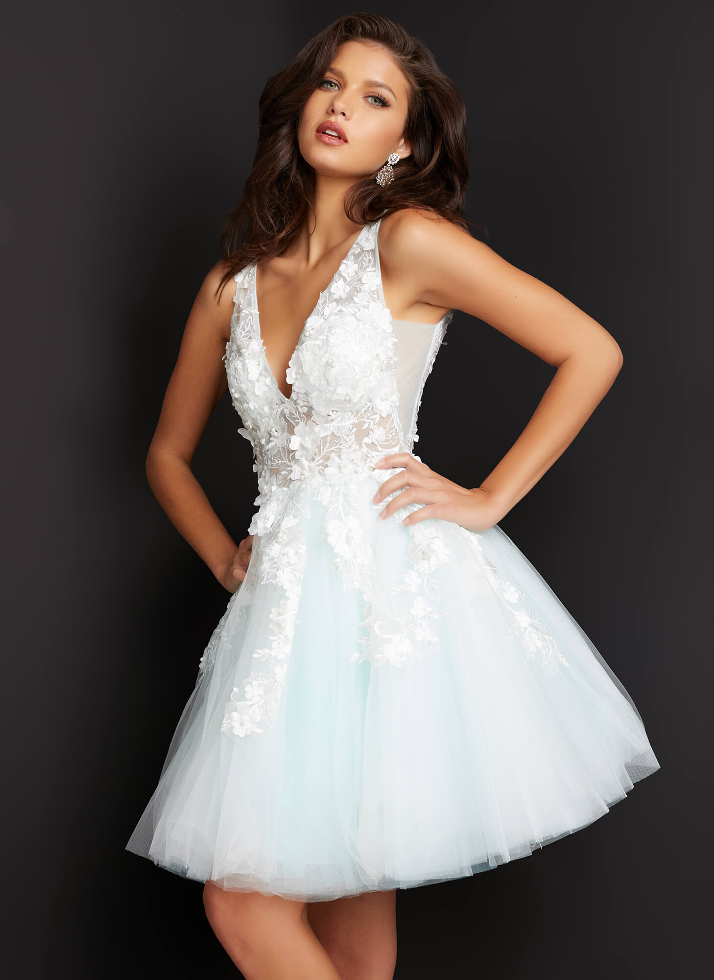 Jovani -63987 Floral Applique V-Neck Short Cocktail Dress
