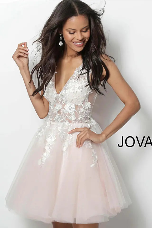 Jovani -63987 Floral Applique V-Neck Short Cocktail Dress