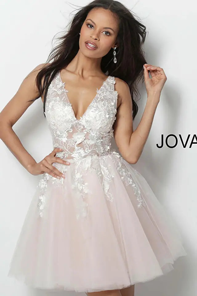 Jovani -63987 Floral Applique V-Neck Short Cocktail Dress