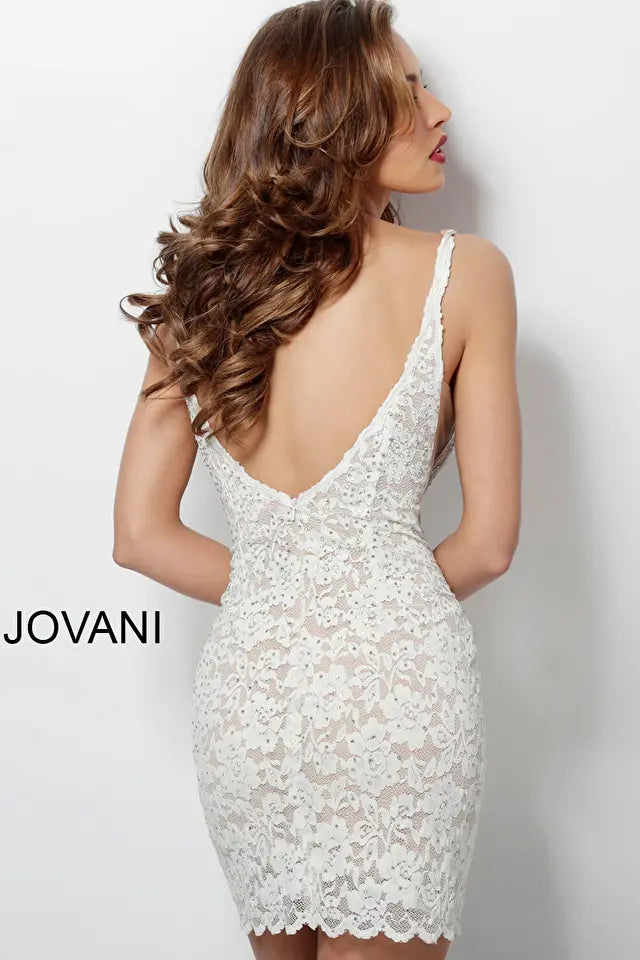 Jovani -65576 Laced V-Neck Short Cocktail Dress