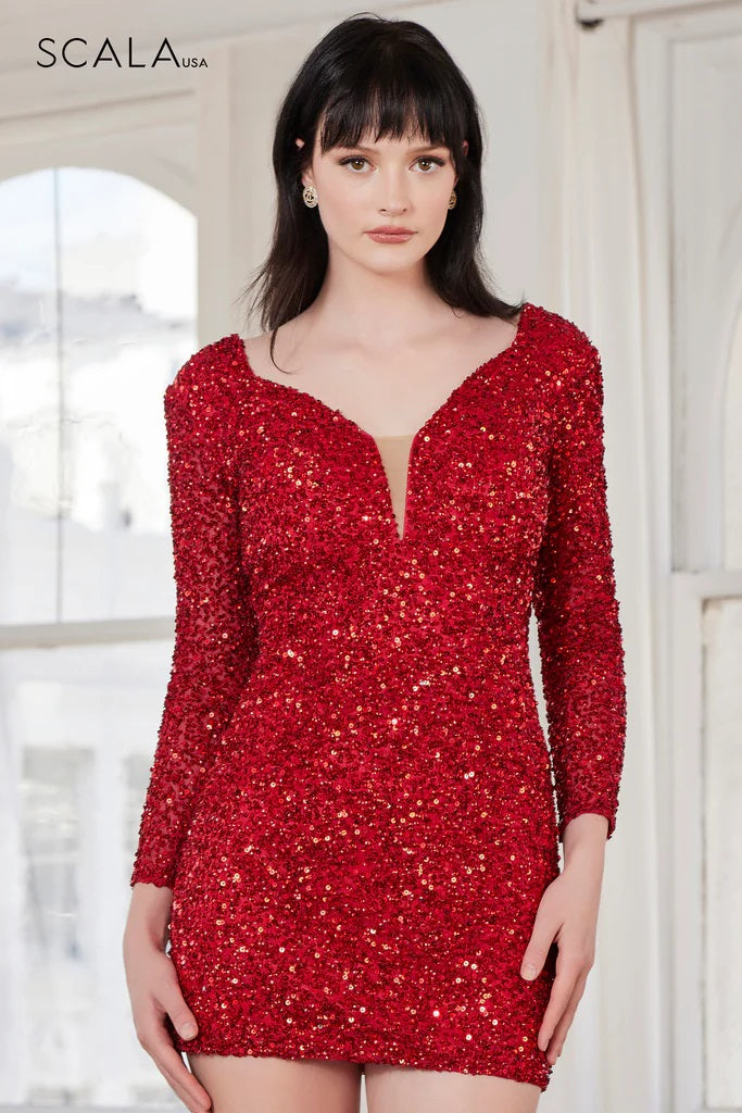 SCALA -70126 Deep Plunging Sequin Short Cocktail Dress