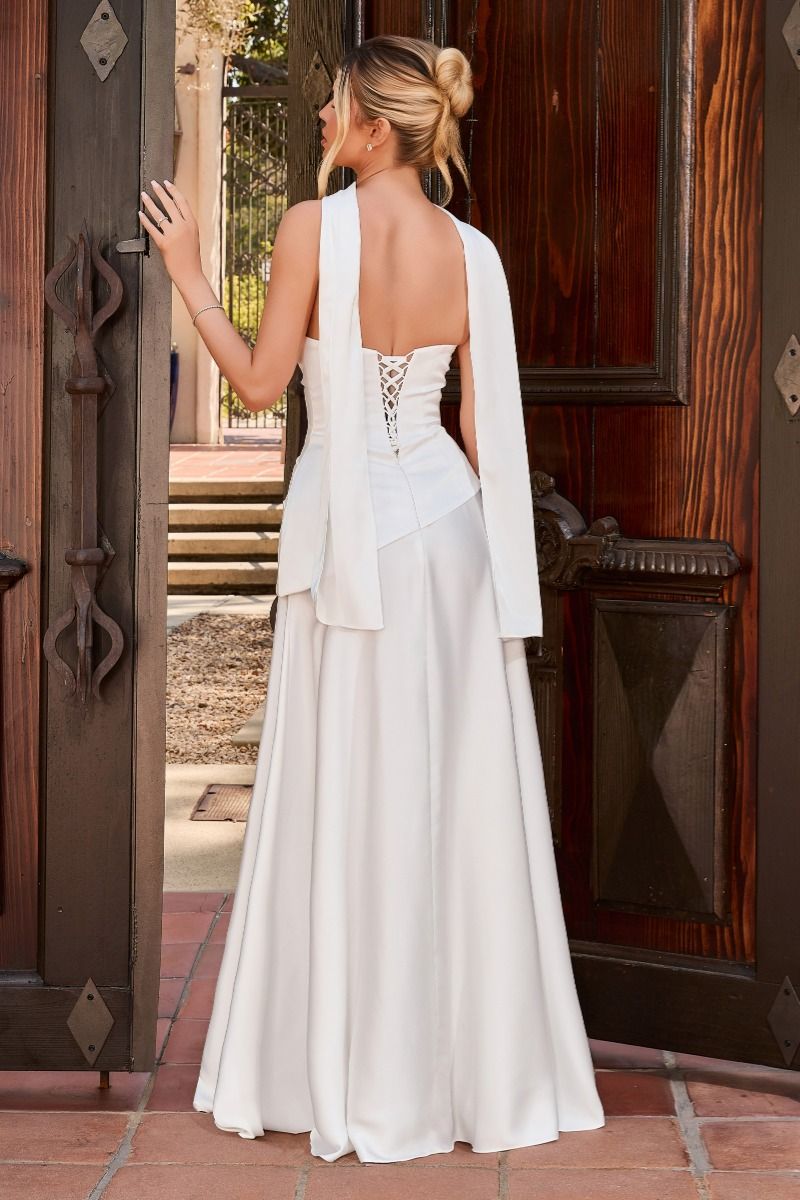 Cinderella Divine -7432W Draped Straight Neckline With Attached Scarf Detail