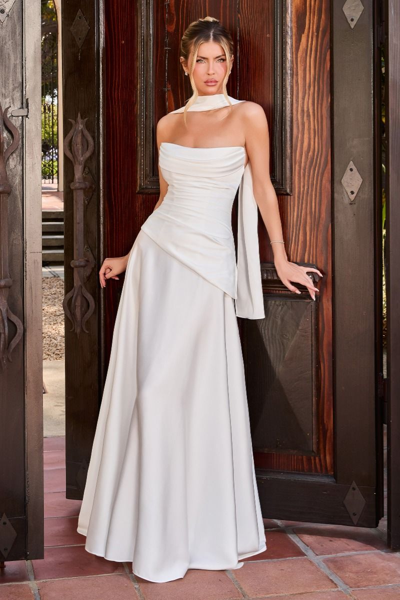 Cinderella Divine -7432W Draped Straight Neckline With Attached Scarf Detail