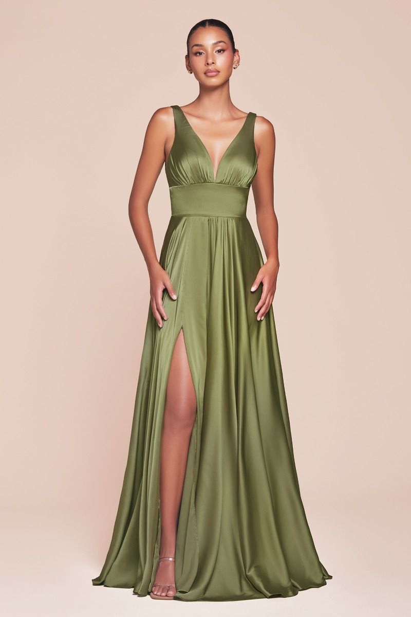 Satin Flowy A-Line Dress With Leg Slit, Open Back And V-Neckline_02 by Cinderella Divine -7469