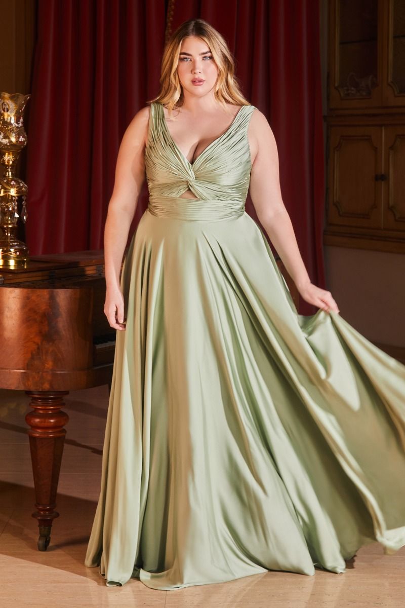 Cinderella Divine –7497C V-Neck Satin A-Line Dress