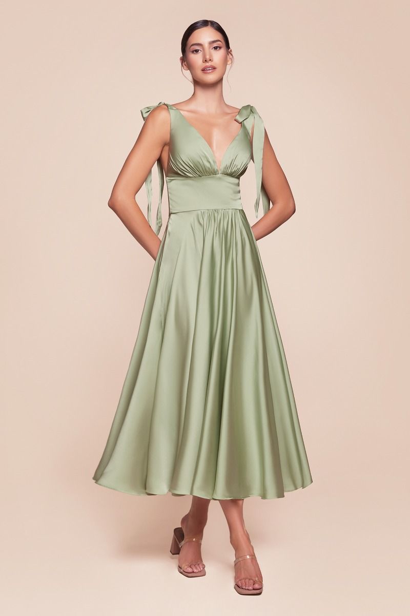 Cinderella Divine -7499 V-Neck Satin Tea Length A-Line Dress