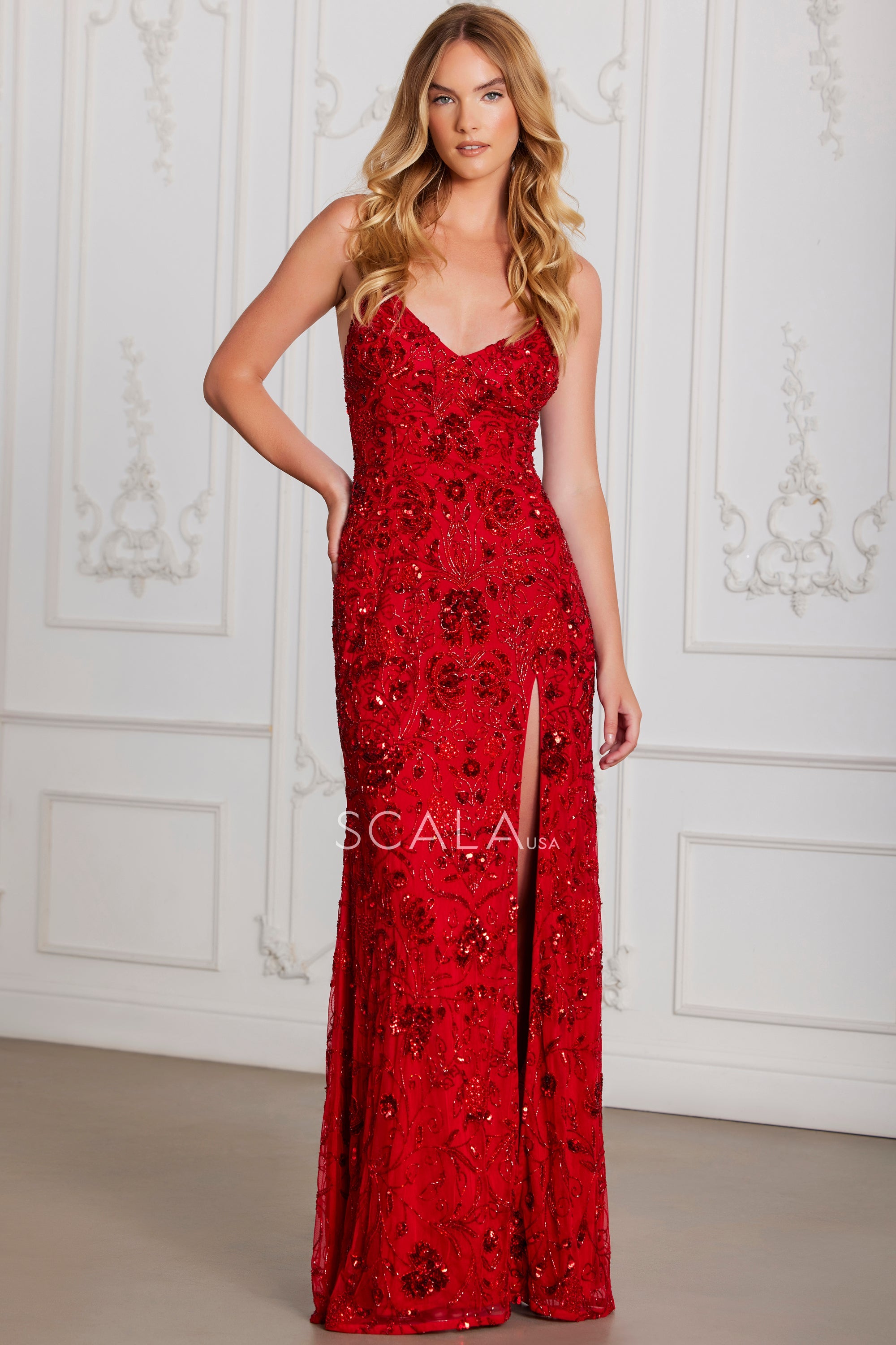 SCALA -80107 V-Neck Beaded Sequin Prom Sheath Dress