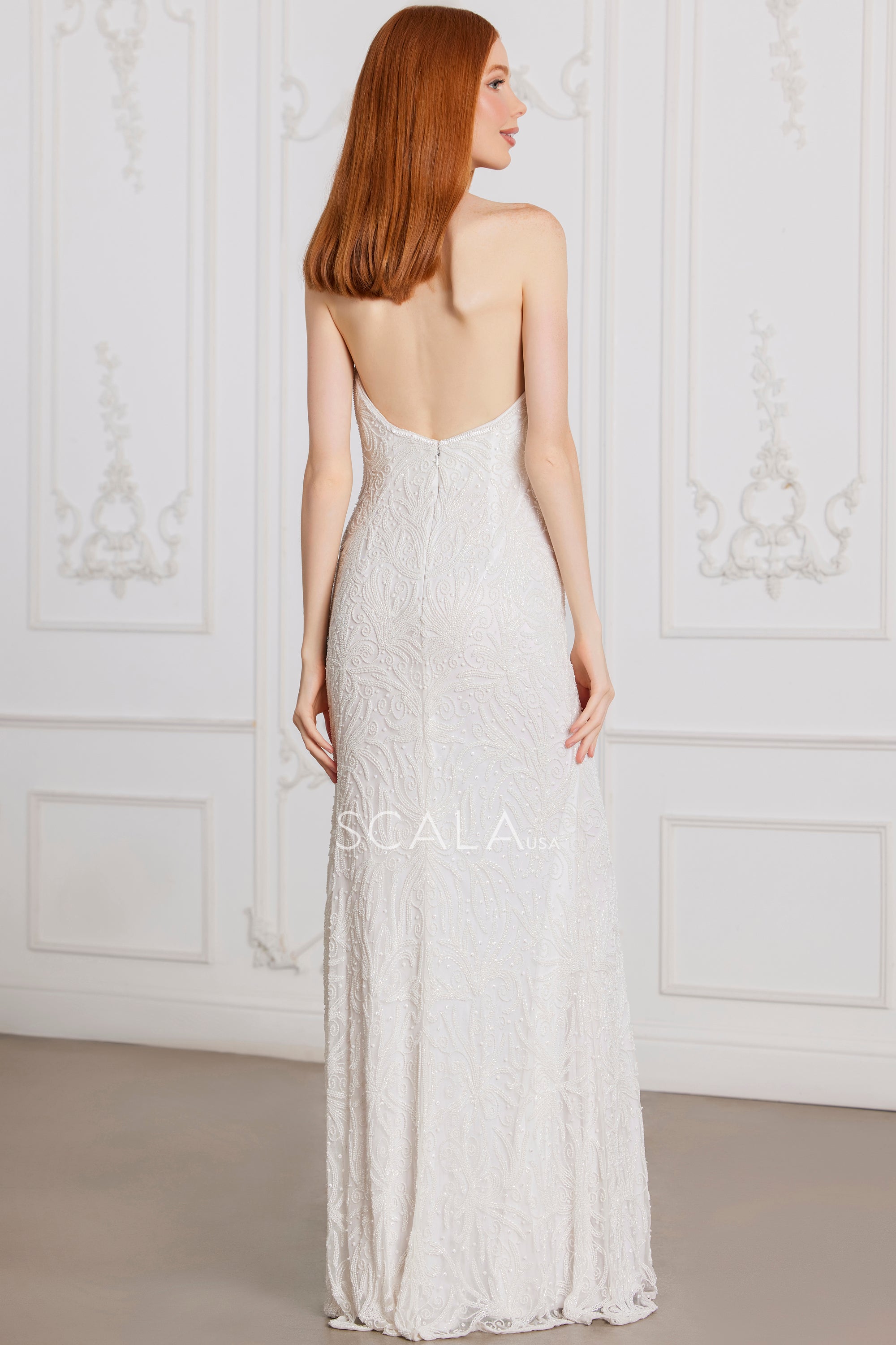 SCALA -80109 Strapless Beaded Sequin Sheath Dress