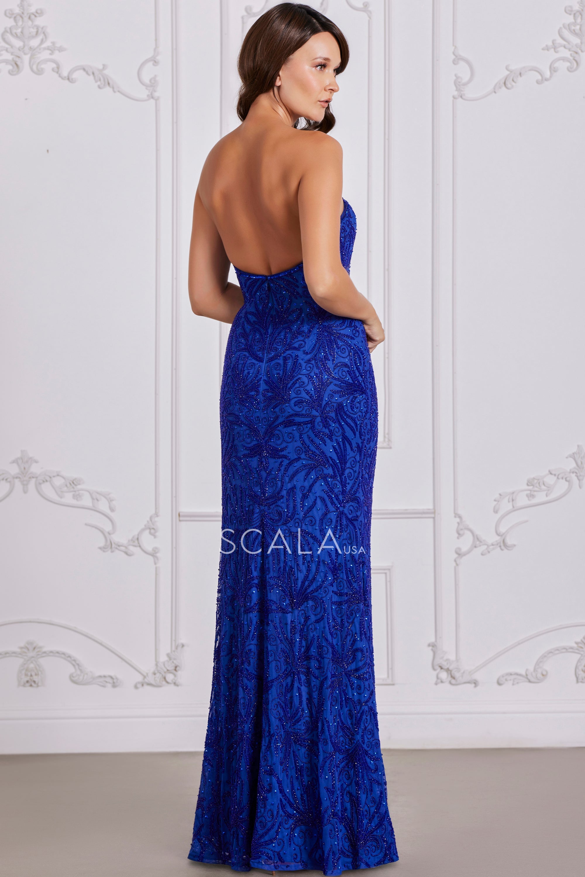 SCALA -80109 Strapless Beaded Sequin Sheath Dress