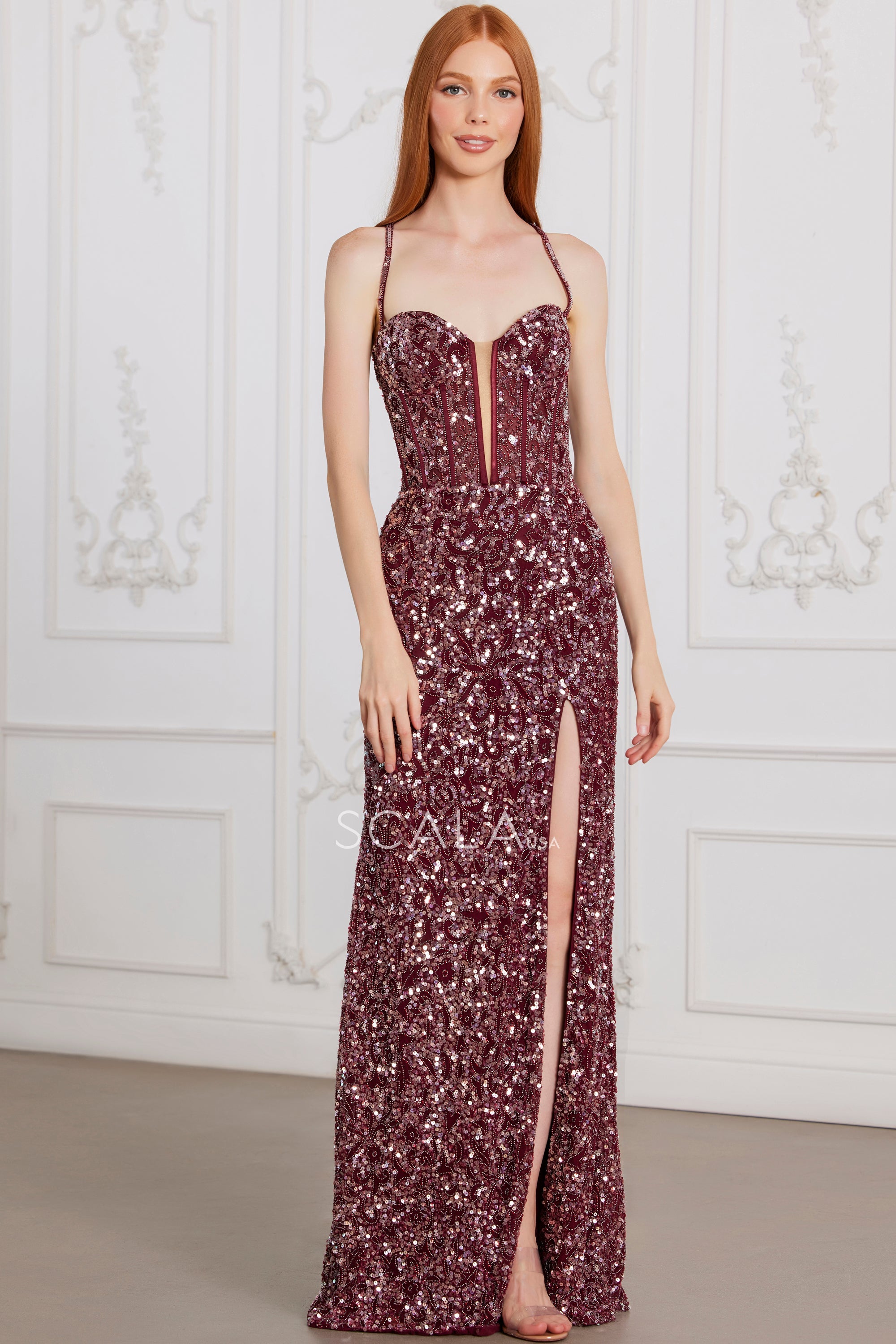 SCALA -80125 Sweetheart Corset Bodice Sequin Prom Dress, DARK MAROON
