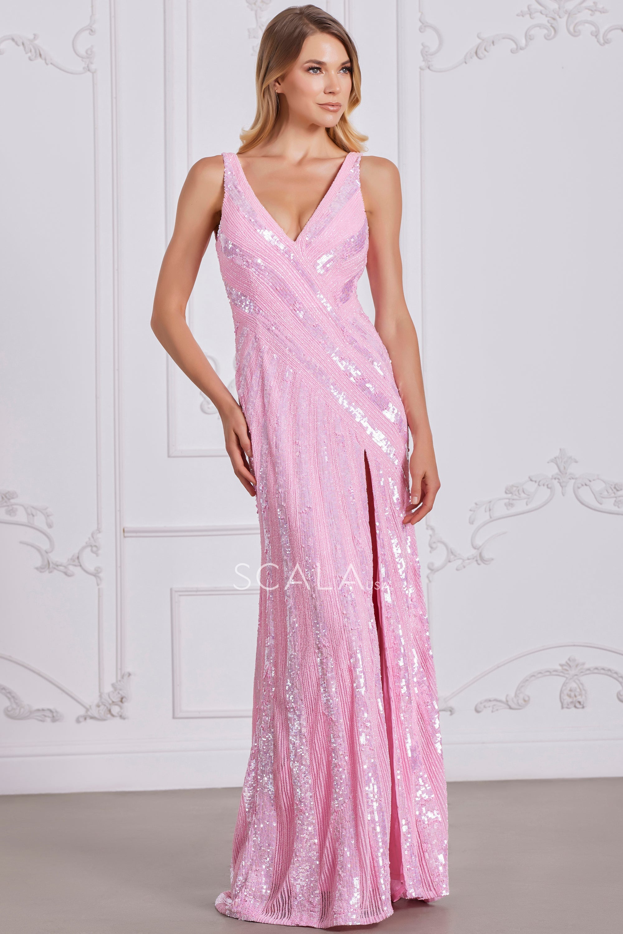 SCALA -80133 V-Neck Sequin Prom Sheath Dress