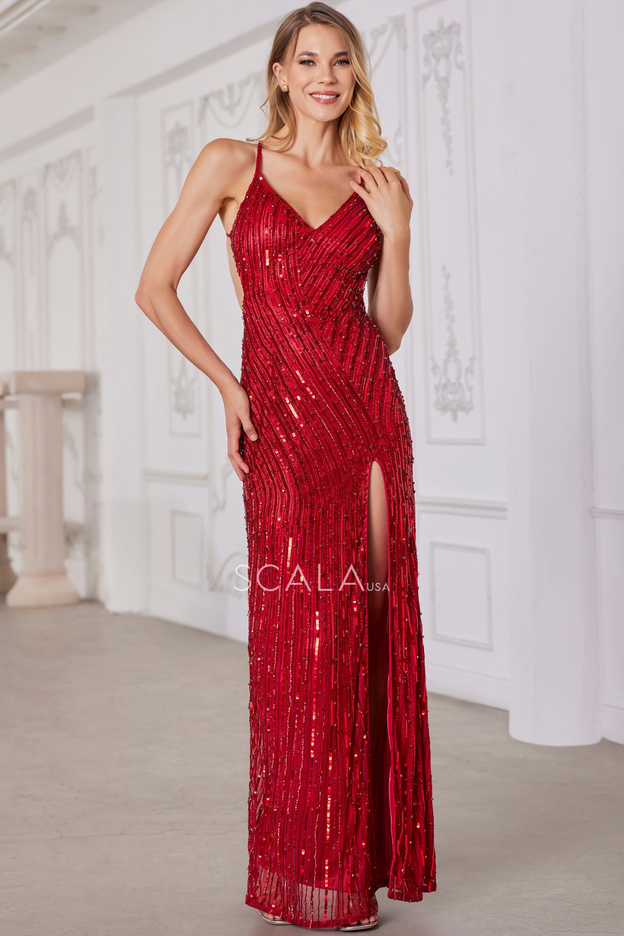 SCALA -80136 V-Neck Sequin Prom Sheath Dress