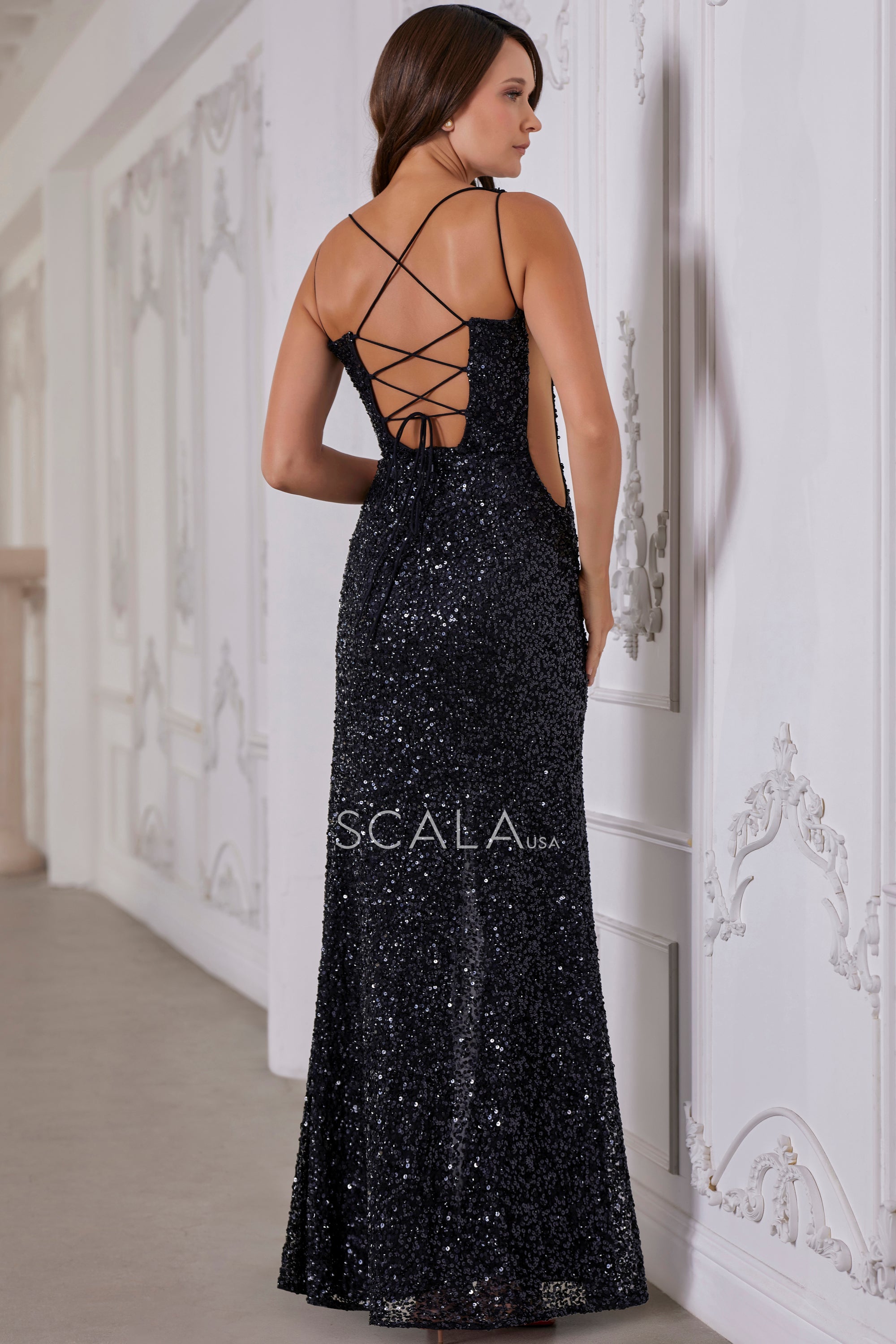SCALA -80151 V-Neck Sequin Sheath Dress
